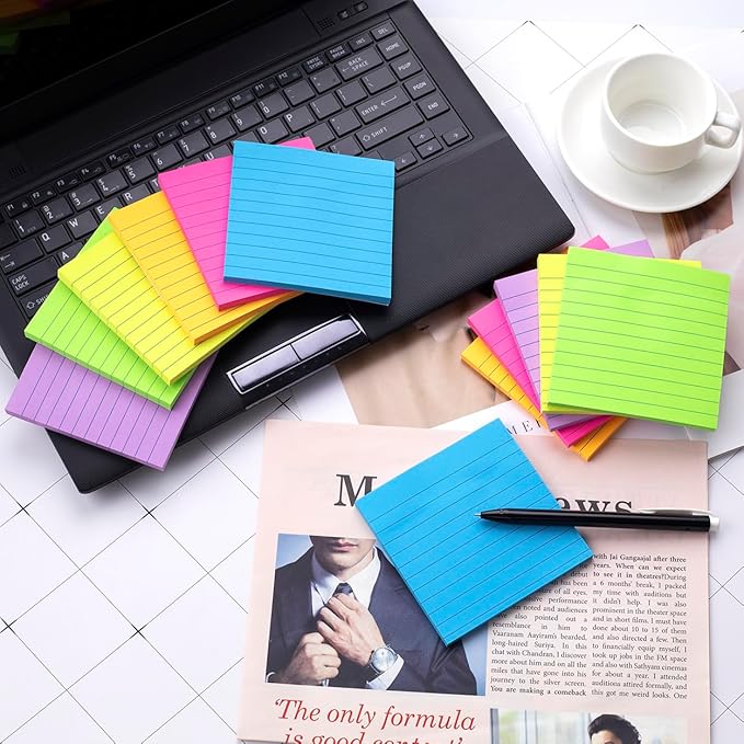(6 Pads) Lined Sticky Notes 4x4 in, 6 Bright Colors Self-Stick Note Pads, Strong Adhesive, 47 Sheets/Pad