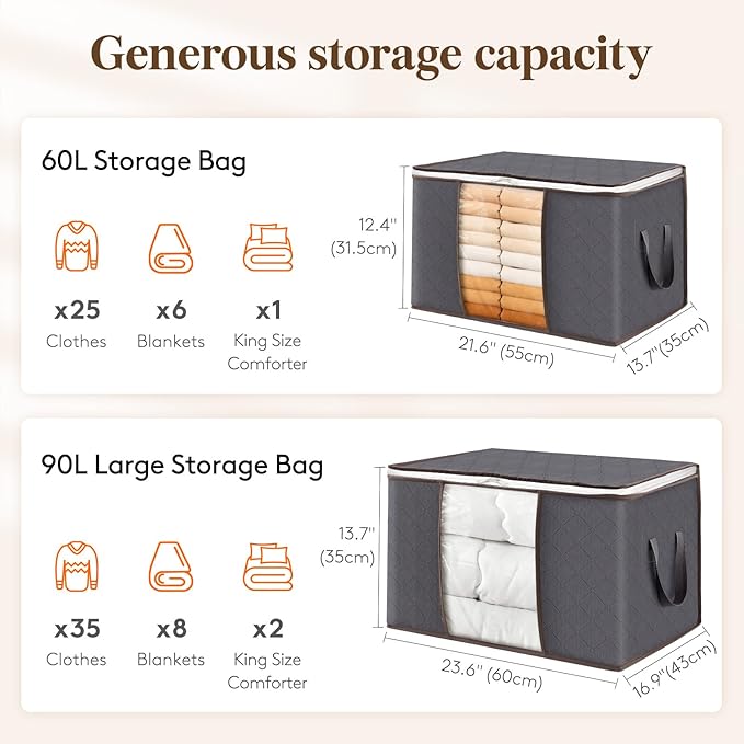Lifewit 8 Pack Foldable Clothes Storage Bins with Lids, Gray, Non-woven Fabric, Rectangular, Sturdy Zipper, Reinforced Handle, 21.6" x 13.7" x 12.4", 60L Capacity Each, Ideal for Clothes and Bedding