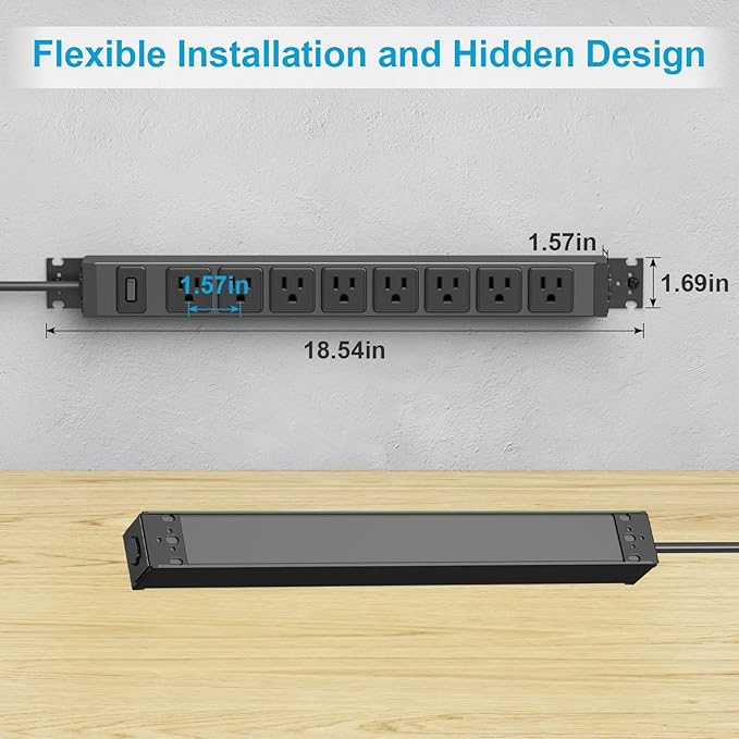 HHSOET 2 Pack Metal 360° Rotating Mountable Power Strip, 8 Outlet Gaming Table Mounted Long Power Strip, Heavy Duty Wall Mount Surge Protector with Switch, 15A 125V 1875W, 3ft Power Cord.(Black)