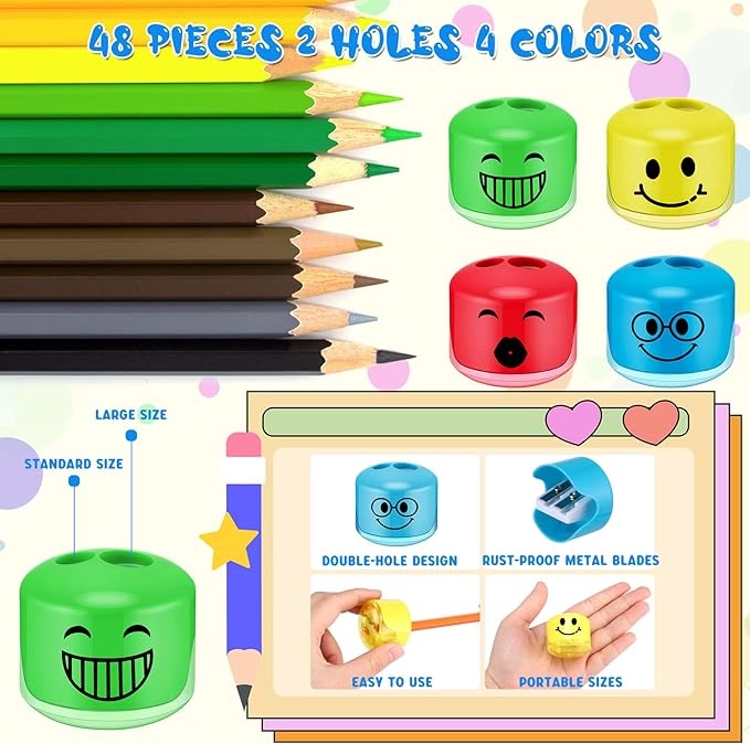 Crtiin 48 Pcs Back to School Pencil Sharpeners for Kids Cartoon Smile Small Pencil Sharpener Handheld Manual Dual Holes Gifts for School Office Art Room