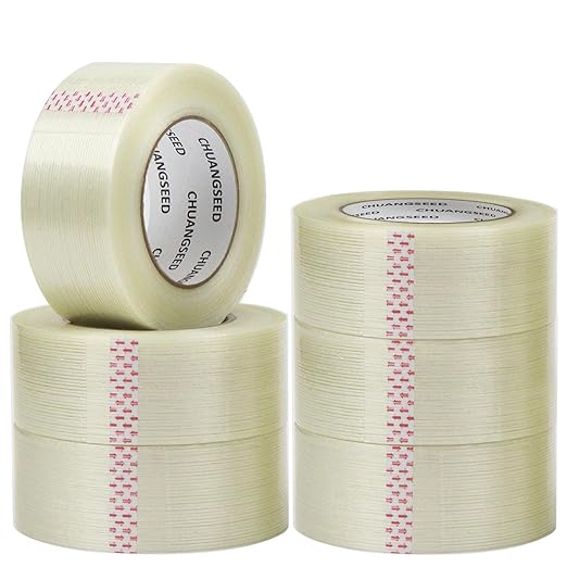 CHUANGSEED 6-Pack Mono Filament Strapping Tape 6.2mil x 2Inch x 60yds Commodity Grade Heavy Duty Transparent Reinforced Fiberglass Tape