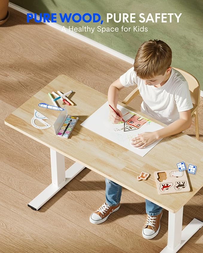 FLEXISPOT EN1 Solid Wooden One-Piece Standing Desk, 63 x 24 Inches Sit Stand Home Office Desks, Sustainable Sturdy and Stable (White Frame + Rubber Wood Top, 2 Packages)