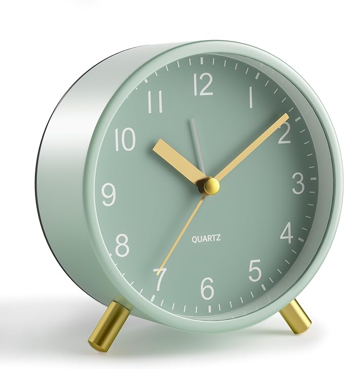 Analog Alarm Clock, 4 inch Super Silent Non Ticking Small Clock with Night Light, Battery Operated, Simple Design, easy setting for Office, Bedroom, Bedside, Desk, teens, elders, kids, adult, Green