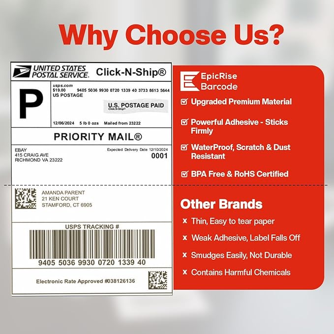 Direct Thermal Labels Roll 2-1/4" x 1-1/4",10 Rolls(10,000 Labels),Compatible with Zebra, Rollo,Eltron &TSC Label Printer,Strong Adhesive Perforated shipping labels for Packages, Barcodes & Office Use