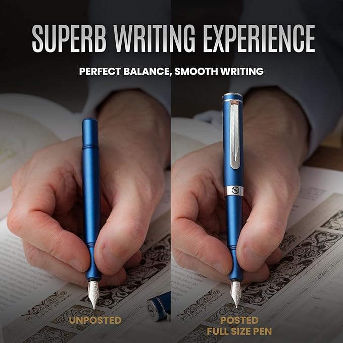 Scriveiner Luxury EDC Fountain Pen (Fine), Stunning Matt Blue Pocket Pen, Chrome Finish, Schmidt German Nib, Converter, Best Writing Pen Gift Set for Men & Women, Nice Fancy Office Designer Pen