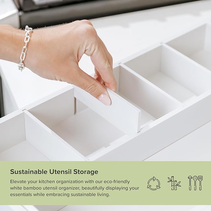 KitchenEdge Adjustable Kitchen Drawer Organizer for Utensils and Junk, Food-Safe Contract Grade with 100% Sustainable Wood, Expandable from 10.5 to 19 Inches Wide - White Bamboo