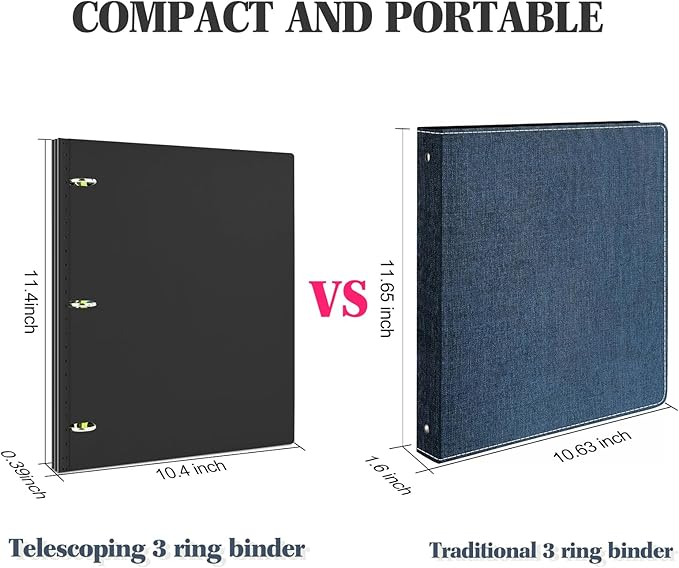 INFUN Telescoping 3 Ring Binder - 4PCS-Black,Portable Plastic 3 Ring Binder with Telescoping Spine, Binders with Foldable Front Cover Holds 8.5" x 11" Paper for School,Office and Homes