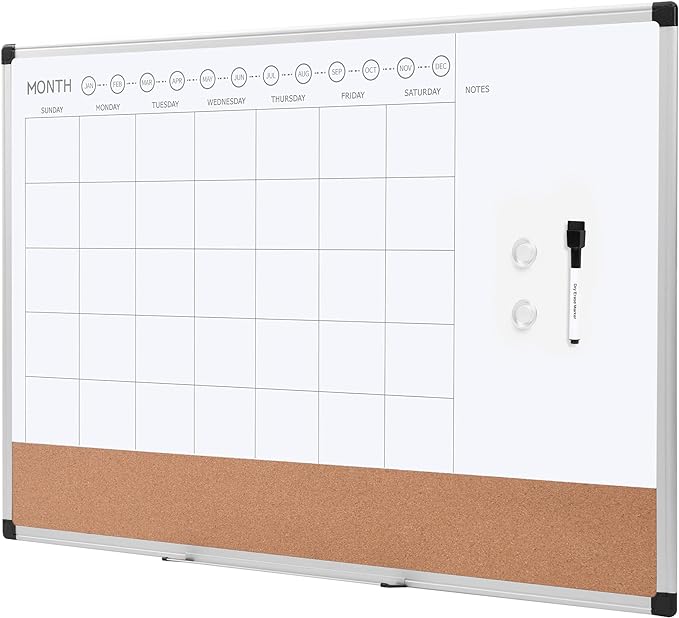 Amazon Basics 24" x 36" Monthly Whiteboard Calendar with Cork Board, Wall Mounted, Easy to Install, Silver Aluminum Frame
