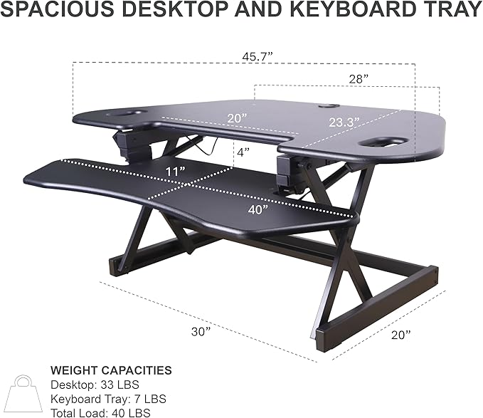 Rocelco 46" Height Adjustable Corner Standing Desk Converter with AC Outlet USB Charger and Dual Stand - Tabletop Computer Riser Workstation - Large Keyboard Tray - Black (R CADRB-46-ACUSB-DMS)
