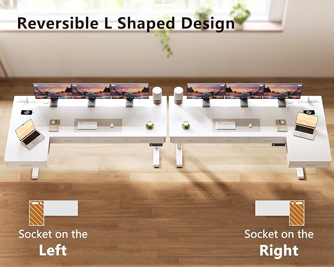 OffiGo L Shaped Electric Standing Desk with Wooden Drawers, 63 Inch Height Adjustable Corner Workstation with Power Outlets, Sit Stand Table for Home, Office, White