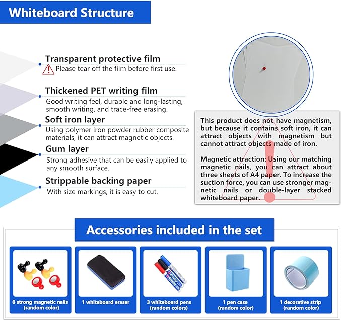 Magnetic Dry Erase Whiteboard Paper with Adhesive, 59" x 39" White Board Film for Wall, Easy to Write and Clean Dry Erase Board for Office, Classroom, Home, Include Marker, Magnetic Eraser and Magnets