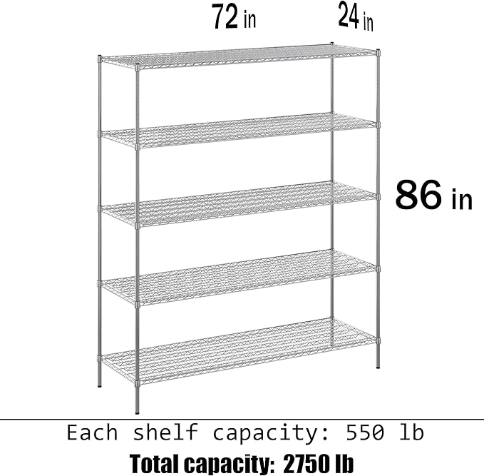 Regal Altair 24" Deep x 72" Wide x 86" Height Wire Shelving Kit | 5-Tier | NSF Commercial Storage Rack Unit