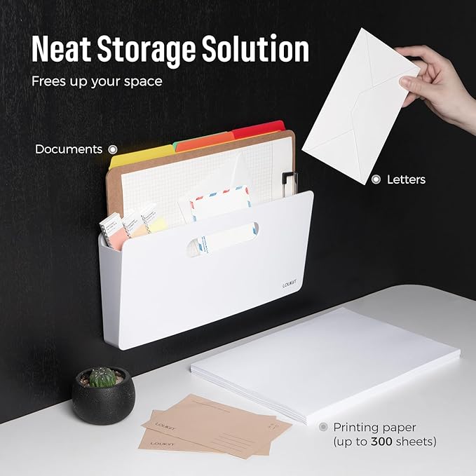 loukin Magnetic File Holder - Vertical Wall Mount Organizer for Whiteboard, Refrigerator, Office Wall, Documents, Letters (White)