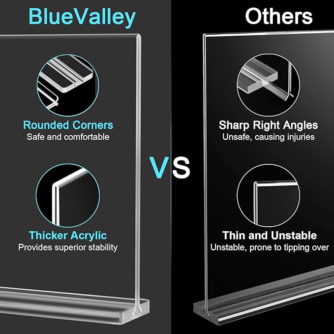 BlueValley Acrylic Sign Holder 8.5x11 Vertical - 12 Pack Double Sided Clear Plastic Table top Paper Display Stand for Menu, Flyer, Document, Poster - Standing Sign Holder for Office, Retail, Catering, Show Fair