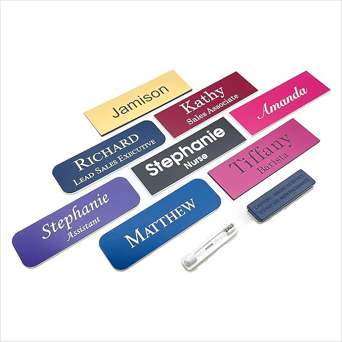 Custom Engraved Name Badges with Pin or Magnet Backing, 1" x 3" - Personalized Acrylic Name Tag with 15 Font Options and 21 Color Options - 4 Tags