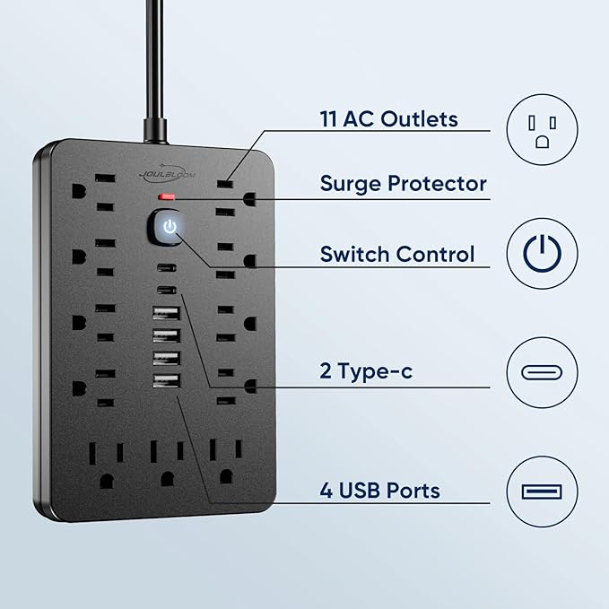 JouleLoom 6 FT Flat Plug Surge Protector Power Strip,11 Multiple AC Outlets with 6 USB Ports (2 USB C), 6 Feet Extension Cord, 1250W/10A, One Touch Switch Button, 17 in 1 Compact powerstrip