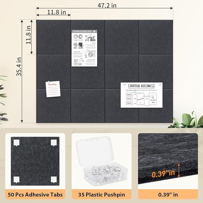 Smarpau Large Cork Board for Walls, 12 Pack Square Bulletin Board, 48"x36" Pin Board with Pushpins Removable Security Stickers, Felt Wall Tiles for Office Home Decoration-Deep Grey