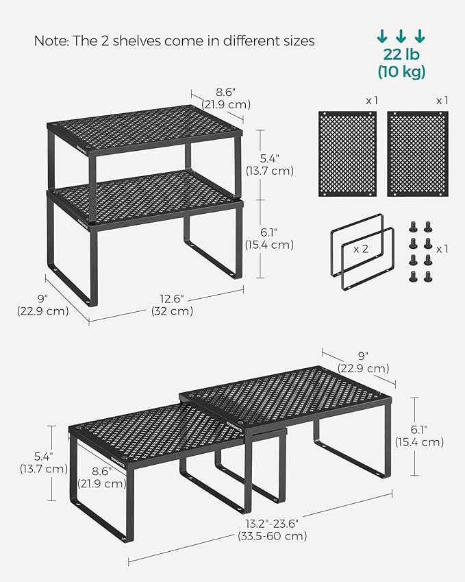 SONGMICS Spice Racks, Set of 2 Metal Cabinet Shelf Organizers, Countertop Organizers, Shelf Risers, Stackable, Expandable, Ink Black UKCS001B01