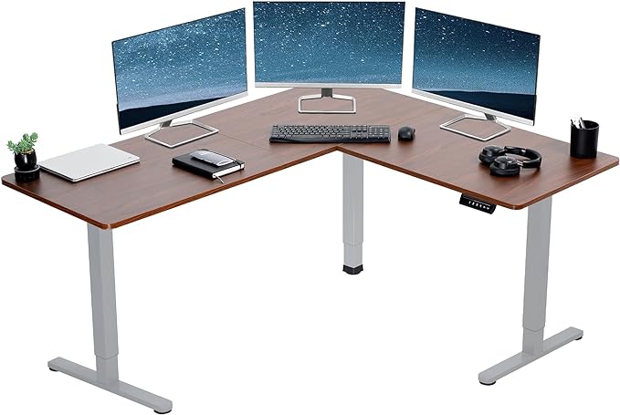 VIVO Electric Corner 63 x 55 inch L-Shaped Standing Desk, Memory Height Adjustment, Dark Walnut Top Gray Frame, DESK-E3CTGD