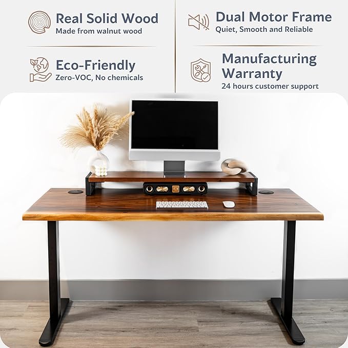Standing Desk with Monitor Stand – Walnut Solid Wood Desk, Natural Live Edge, Adjustable Height Dual Motor, Sit Stand for Home Office (Black, W48 x D27)