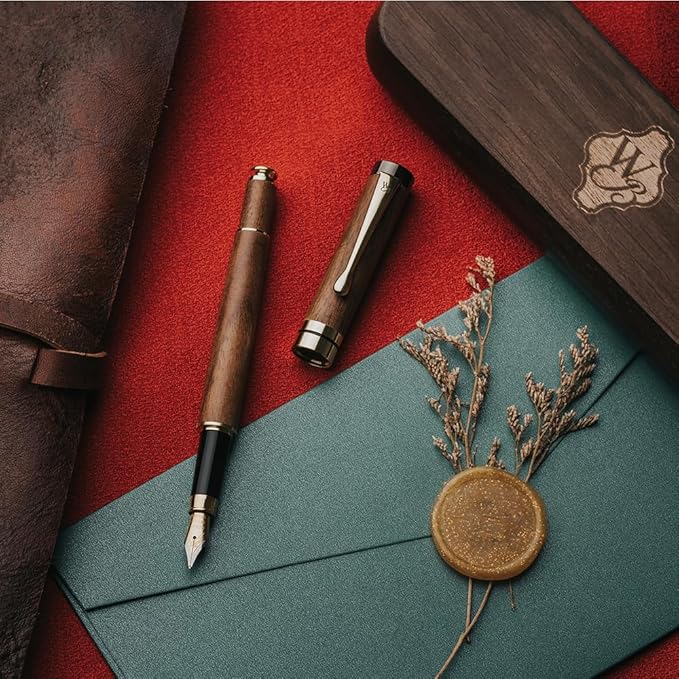 Wordsworth & Black Fountain Pen Set, Luxury Bamboo Wood - Medium Nib, Gift Case; Includes 6 Ink Cartridges, Ink Refill Converter -Journaling, Calligraphy, Drawing, Smooth Writing [Brown Wood]
