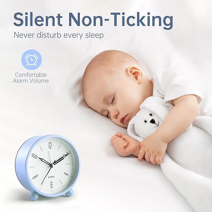 Analog Alarm Clock, 4 inch Super Silent Non Ticking Small Clock with Night Light, Battery Operated, Simple Design, Old fashioned Style SkyBlue decor, for Bedroom, Bedside, Desk, Adult, Kid, Gift, Blue