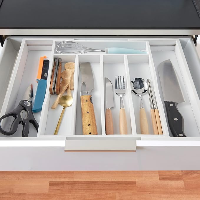 oridom 2-Piece Expandable Bamboo Kitchen Drawer Organizer for Cutlery and Utensils, Adjustable Bamboo Wood Cutlery Tray in Drawer for Flatware and Silverware in Kitchen, (White)