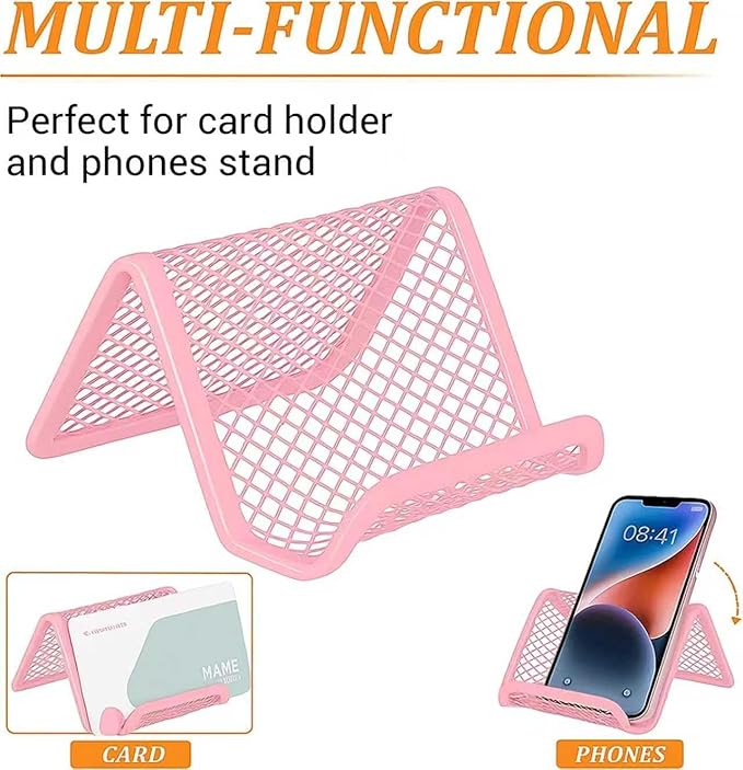 EMOMAS Business Card Holder for Desk, Office Desktop Business Card Display Holder, Mesh Business Card Holder, Desk Accessories for Women and Men, Pink(3 Pack)
