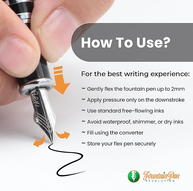 FPR Himalaya V2-Chrome Ultra Flex Nib Pen - Twist-Style Converter Filled Calligraphy Pens for Writing - Fancy Pens for Men & Women - Flex Fountain Pen w/Metal Clip & Cap Ring (Green Ebonite)