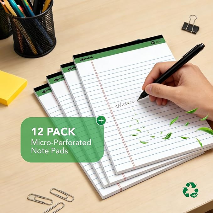 KAISA White Legal Pads Writing Pads Recycled Paper 5"x8" Narrow Ruled Lined Paper Small Legal pad Perforated 50 sheets Hard Back Notepads Writing Tablet For Office Supplies Study (White 12pads)