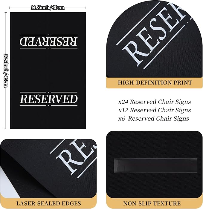 24 Pcs Reserved Seating Signs Reserved Chair Sign Printed Placeholder for Church Pew, Wedding, Party Events (Black, 24 Pcs)