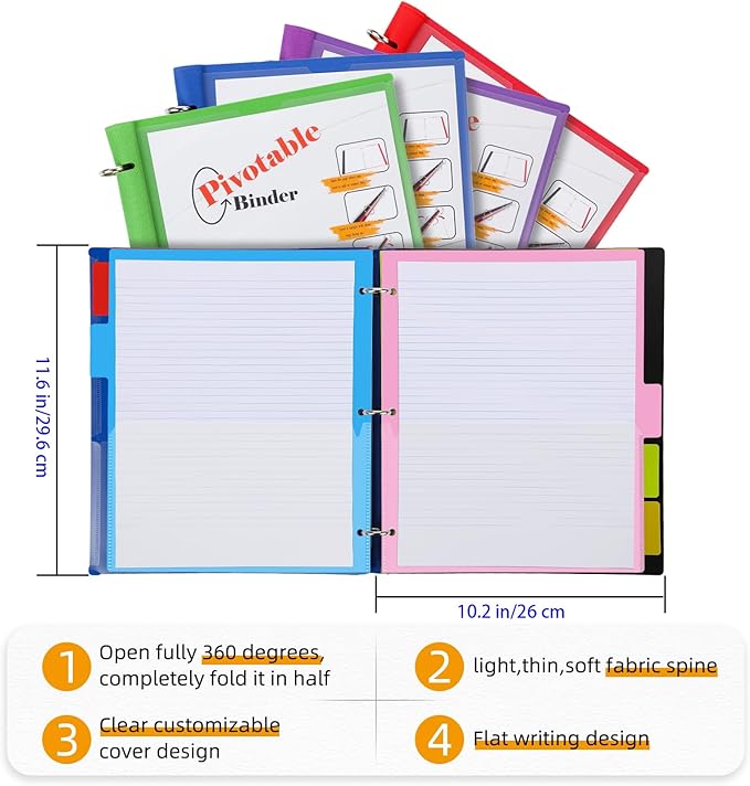360° Pivotable Project Organizer Binder, Upgraded 3 Ring Binder with Colored Tab Dividers with Pockets, Customizable Cover Multi Pocket Folder Binders for Home, School, Office- Purple