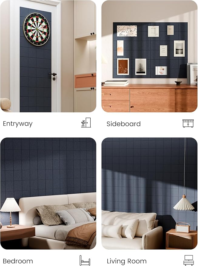 Bumusty Large Cork Board Alternative-47 x35 Felt Bulletin Board Tiles, with 30 Pushpins, 70 Adhesive Tabs, 12-Pack Slat Wall Paneling, Cork Boards for Office Push Pin Felt Board-Deep Charcoal Blue