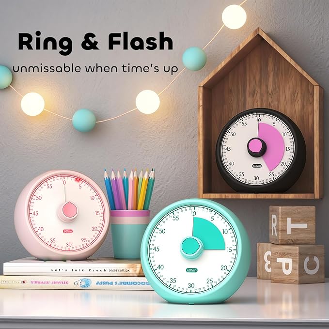 Visual Timer for Kids 60-Minute - Countdown Timer with Optional Alarm, Focus Tool for ADHD & Autism, Time Management for Homework, Chores, Office, Kitchen, Teaching & Study Routines (Pink)
