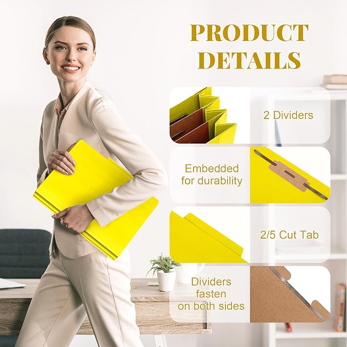 Skyygemm 60 Pcs Classification Folders Letter Size, 2 Divider Pressboard File Folders with 3. 5 Inch Expansion, 2 Prongs Fastener, Heavy Duty Office File Organizers for Teachers, Medical (Yellow)