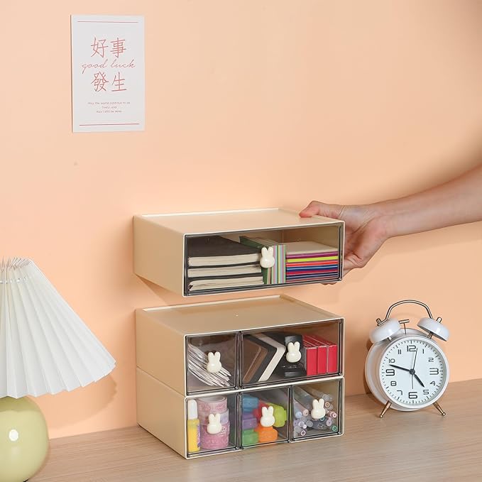 OSteed Desktop Drawers, Desk Organizer with 1 Large Drawer & Bunny Handles, Stackable Plastic Storage Box for Home Collection, Cosmetics, Office Supplies (1 Tall Layer, Cream & Clear)