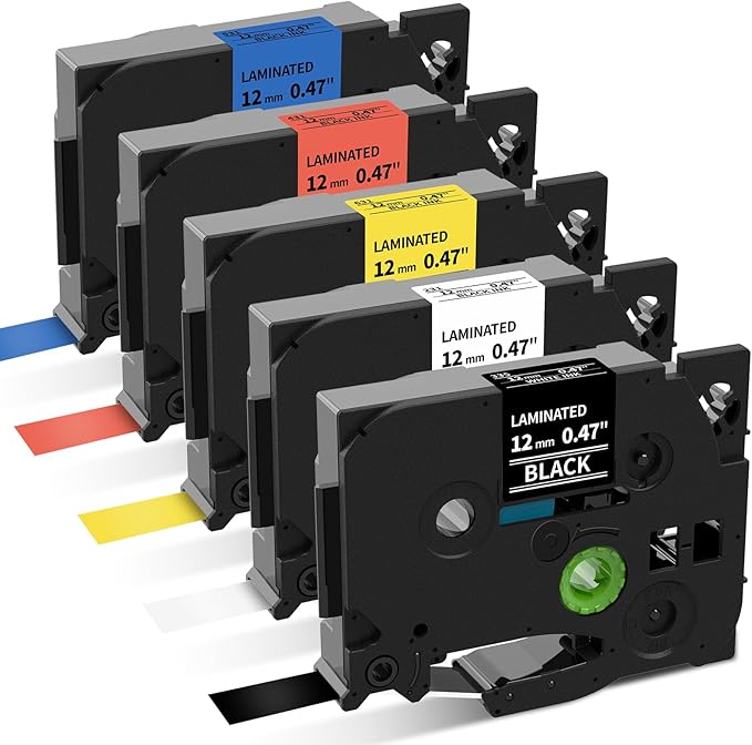 P Touch Label Maker Tape 12mm 0.47 Inch Laminated White/Black/Red/Blue/Yellow Replacement for Brother TZe Label Tape, for Ptouch Model PT-D200 D210 H100 1880, Colored Tape, 5-Pack