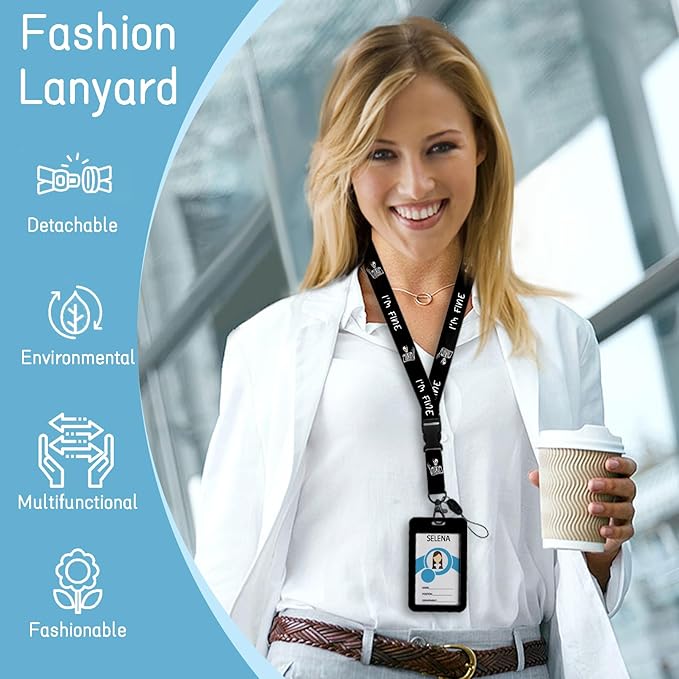 Skull Skeleton Badge Holder Retractable Lanyard, Lanyards for ID Badges Name Tags Vertical Card Holder, Detachable Lanyard Badge Reel Retractable, Teacher Nurse Workers Women Office Gifts I'm Fine