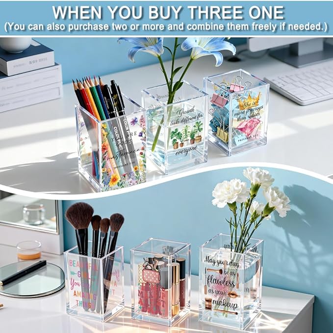QYUVK I'm So Happy You're Here Acrylic Cosmetic Pencil Holder Cup, Funny Boho Pen Holder for Women, Home Office Classroom Desk Accessories, Inspirational Gifts for Daughter, Make up Brush Organizer
