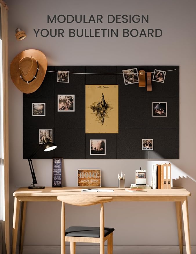 Fluxynara Large Felt Bulletin Board 36" x 24" Cork Board Alternative-6 Pack with 40 Safe Removable Adhesive Tabs, Cork Boards for Walls Cork Board for Home Office Classroom Pin Board - Black