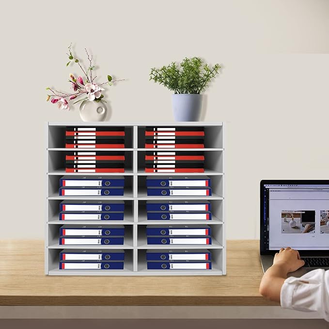 12 Slots Mail Sorters for Office, PVC Literature Organizer with Removable Shelves, Desktop Mail Center Paper Storage Cabinet for Files Magazines Documents, 8.9 * 2.3in Each Slot(12 Slots - White)