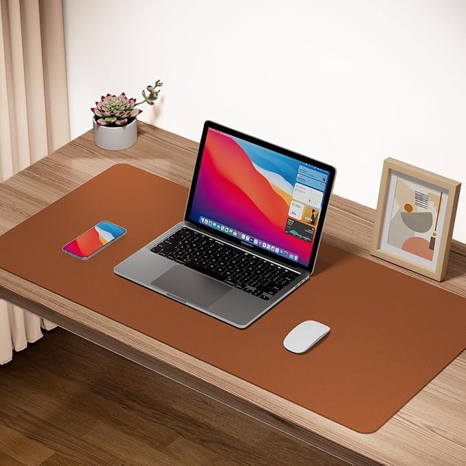 Boutilon Leather Desk Pad Protector,Non-Slip Mouse Pad,Laptop Desk Pad,Office Mouse Mat,Waterproof Leather Desk Blotter,Desk Writing Pad for Office and Home (M-Brown,30"x14")