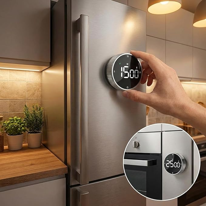 Rechargeable Magnetic Kitchen Timer,LED Countdown/Up Timer, Supports USB-C Charging,with Loud Alarm,3 Preset Quick Times(5/15/25m),Perfect for Kitchen Cooking, Studying, and Fitness (Silver)