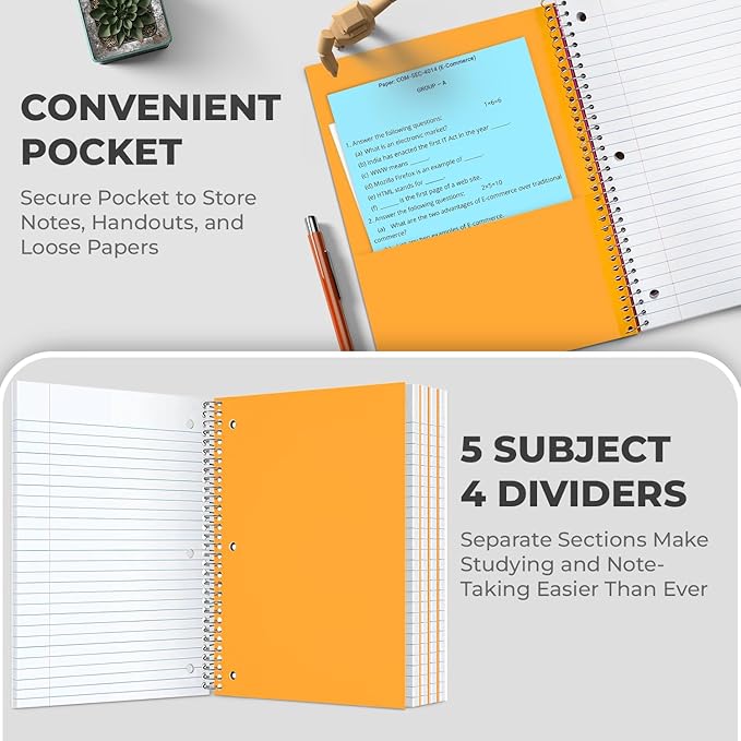 Rosmonde 5 Subject Notebook College Ruled, 6 Value Pack, 300 Pages (150 Sheets), 8 x 10-1/2", 5 Subject College Ruled Spiral Notebooks for School & Office, Thick Paper Fights Ink Bleed, 3 Hole Punched