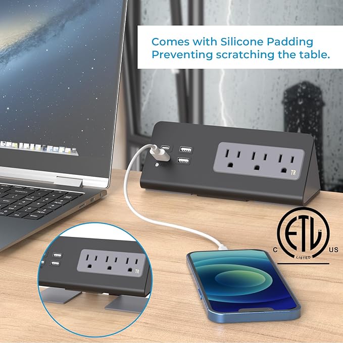 Nightstand Charging Station, Nightstand Edge Power Strip with 3 AC Outlets, 4 Fast Charging USB Ports, Connect 6.56FT Flat Plug, Desk Surge Protector for Office Home Hotel, 2-Pack(Black)