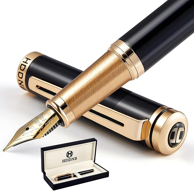 HDDNB Black Luxury Fountain Pen Set for Men and Women with Gift Box, 24K Gold Finish and Gilded Nib(Extra Fine) with 5 Black Ink Cartridges and Converter