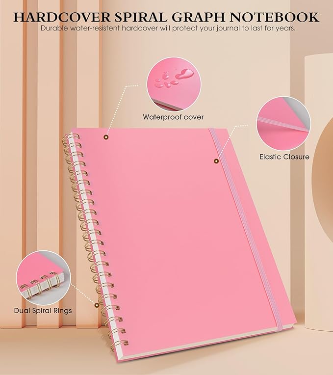 Graph Paper Notebook, Spiral Notebook Journal 8.5” x 11”, A4 Large Grid Notebooks for Women Men, 100 GSM Graph Paper, Plastic Hardcover Spiral Graphing Journals for Work School Engineering, Pink