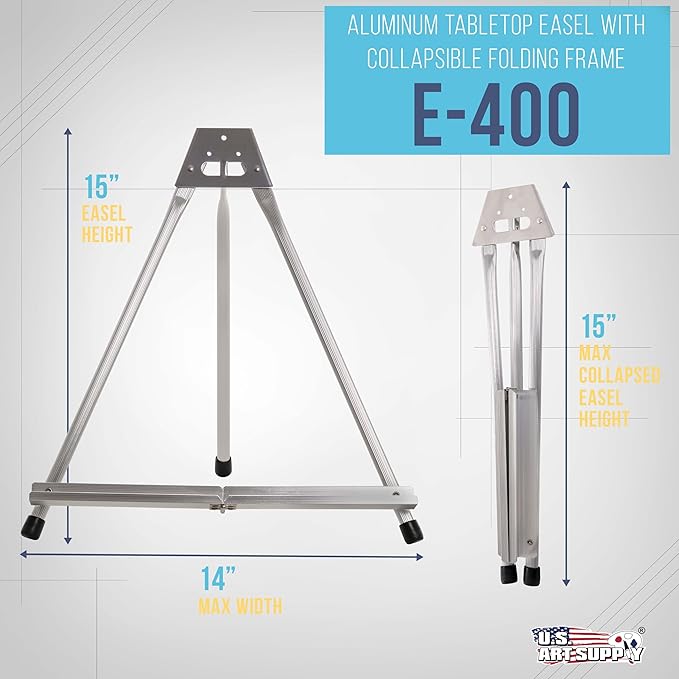 U.S. Art Supply 15" High Aluminum Tabletop Display Easel for Painting, Adjustable Folding Stand - Portable Art Easel for Displaying Canvas, Whiteboards, Posters, Signs, Pictures, Paintings
