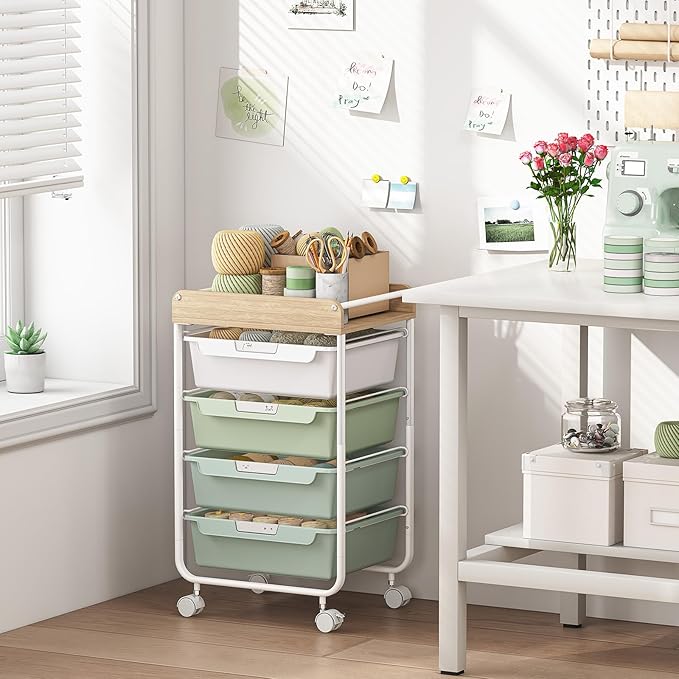 Rolling Storage Utility Cart With 4 Drawers,Kids Craft Art Cart,Makeup Organizer And Storage with Wooden Tabletop,Green