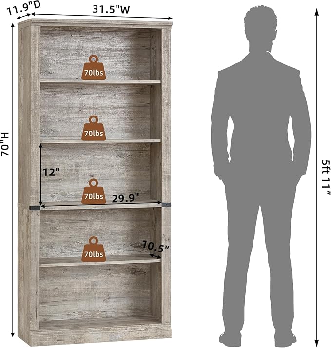 RWYHG 70" Grey Tall Bookshelf Set of 3,5-Tier Thick Wooden Book Shelf with Adjustable Shelves,Free Standing Farmhouse Bookcase with Open Display Storage,Floor Vintage Bookshelves for Living Room